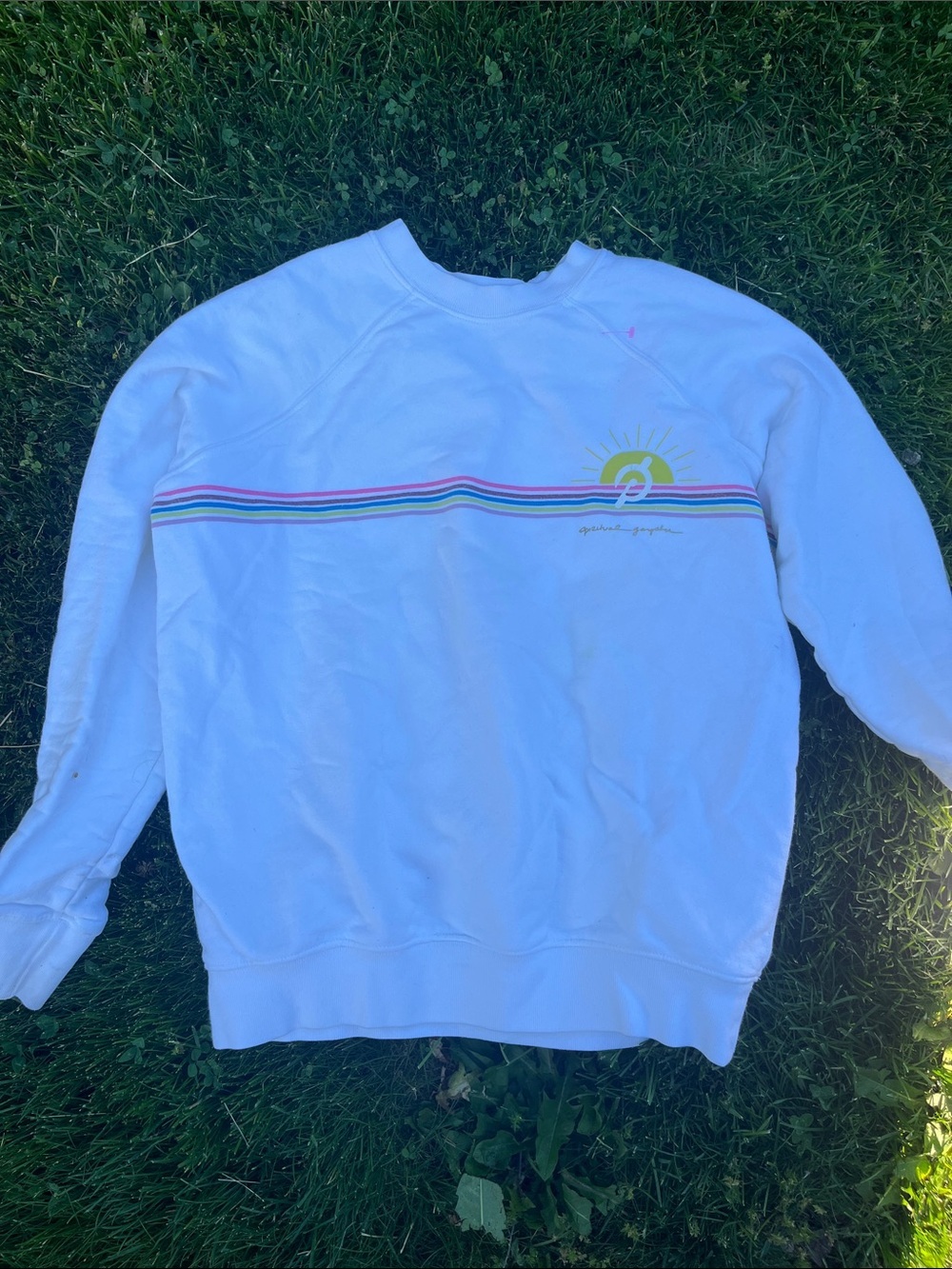 Spiritual gangster xPeloton S White Striped Crewneck Sweatshirt with Sun Graphic - Picture 2 of 3